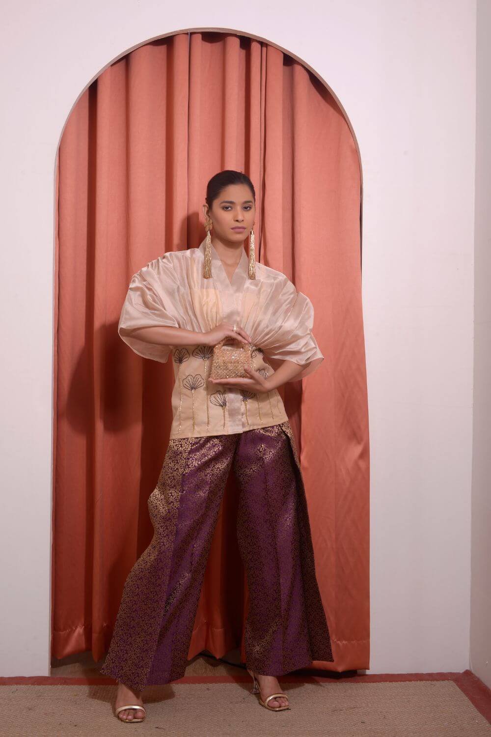 Organza Gathered Shirt With Pleated Pants Set