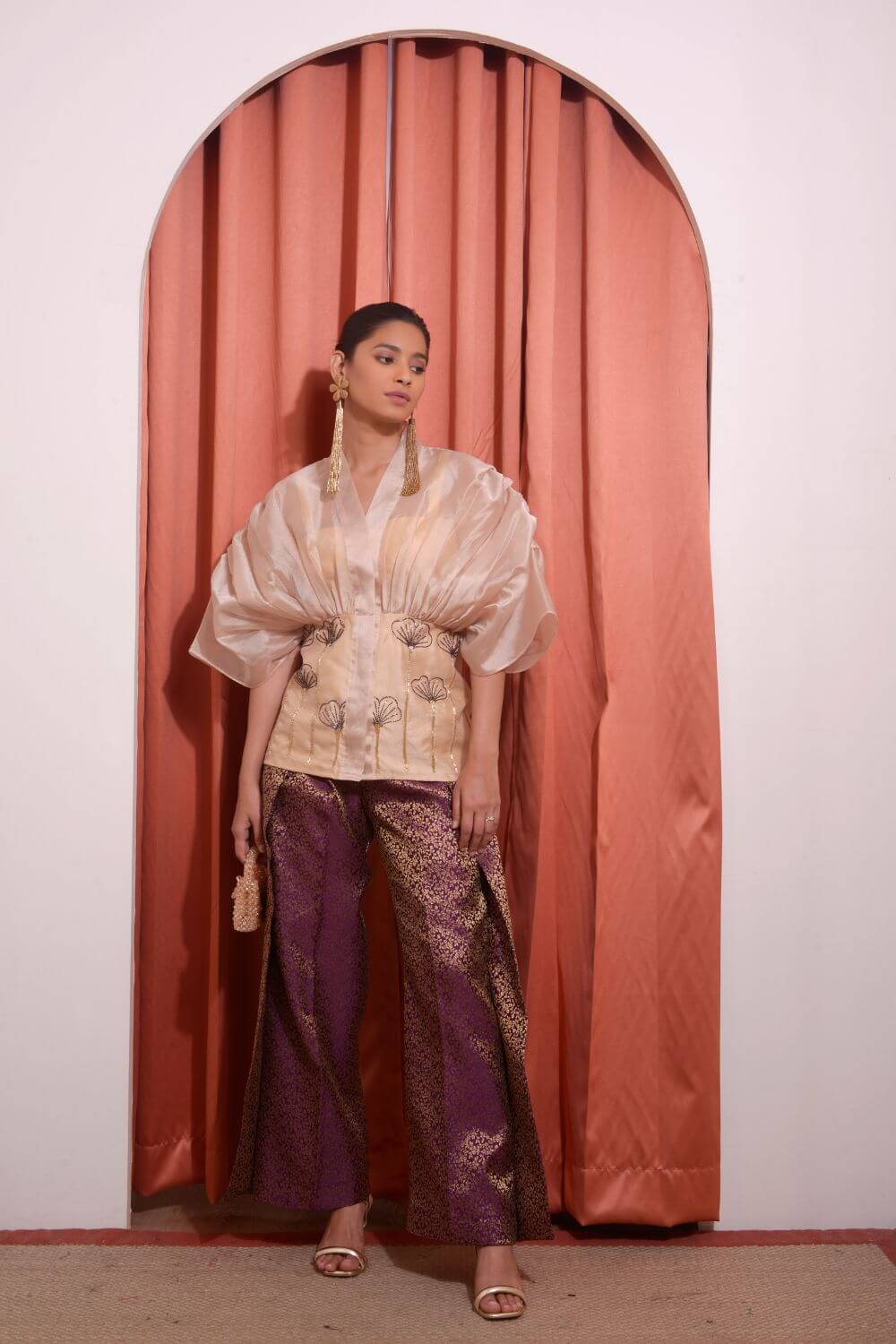 Organza Gathered Shirt With Pleated Pants Set