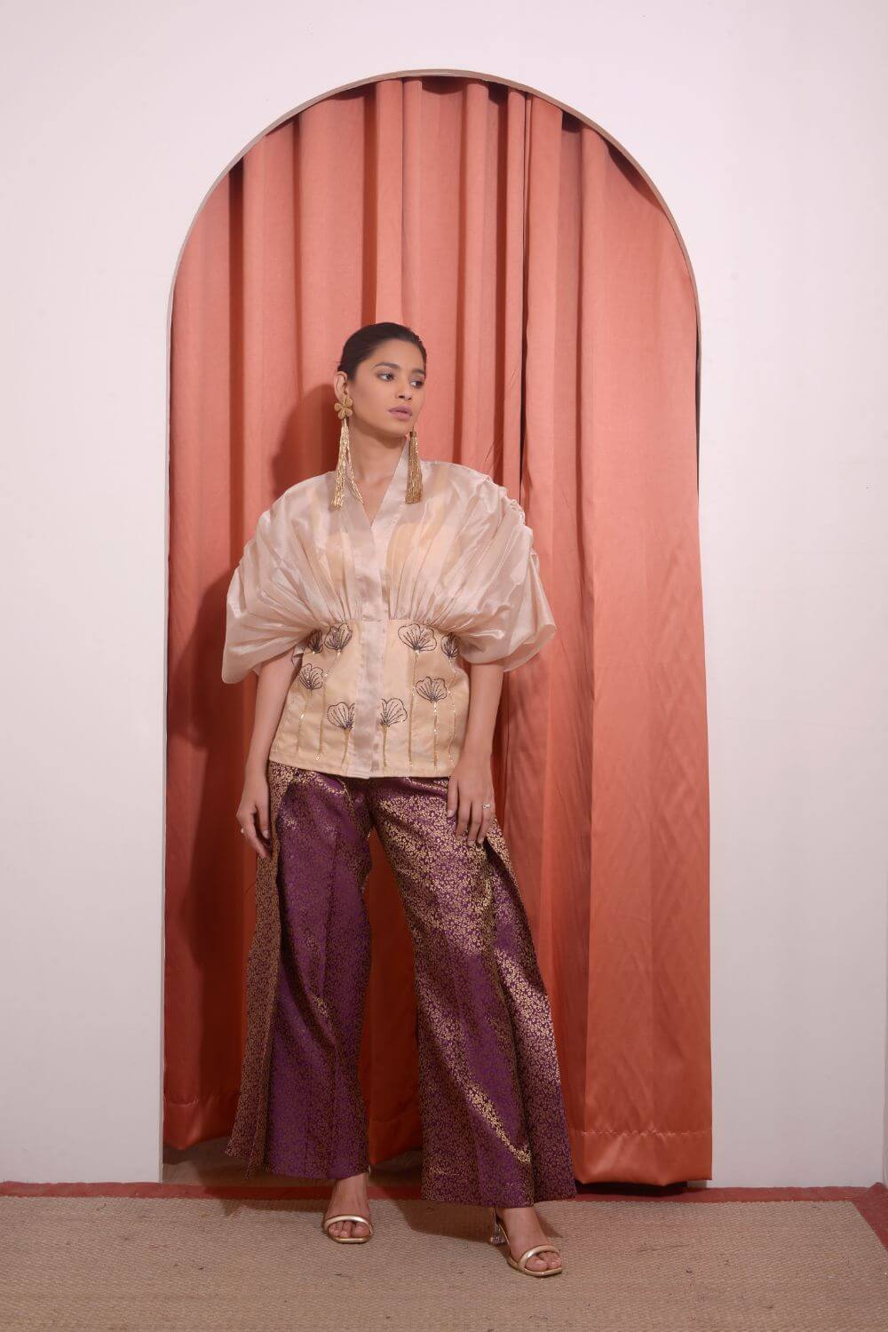 Organza Gathered Shirt With Pleated Pants Set