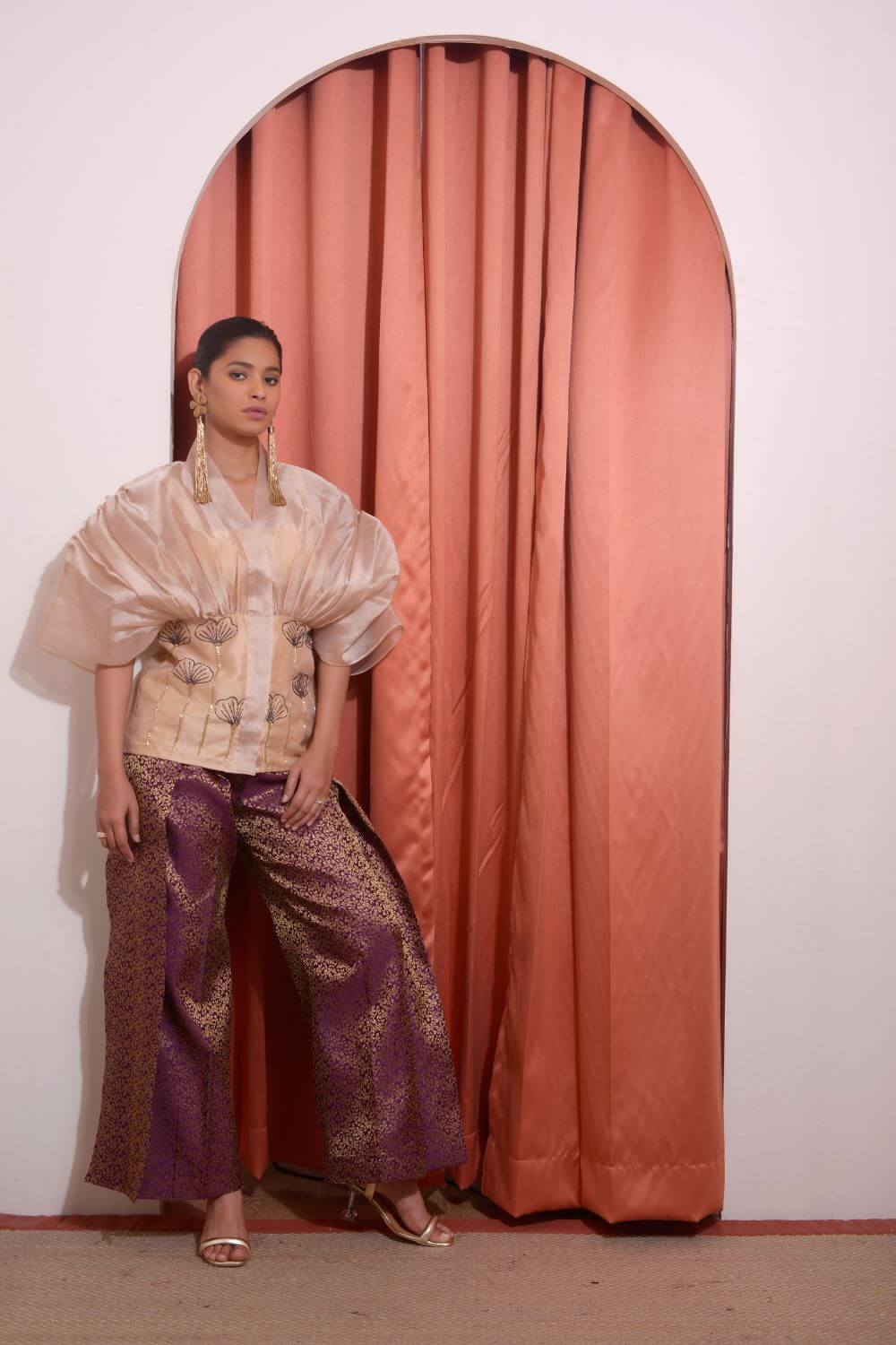 Organza Gathered Shirt With Pleated Pants Set